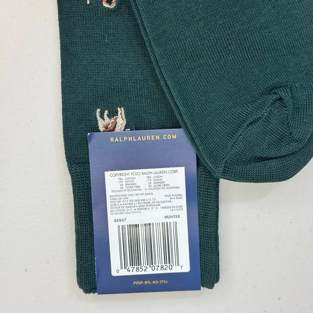 Polo Ralph Lauren Green Dress Socks Embroidered Hunting Dog Pattern Cotton Blend